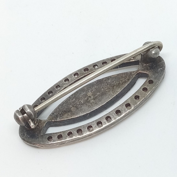 * vintage Sterling Silver Mother of Pearl & Onyx inlay rhinestones brooch pin - Picture 3 of 3